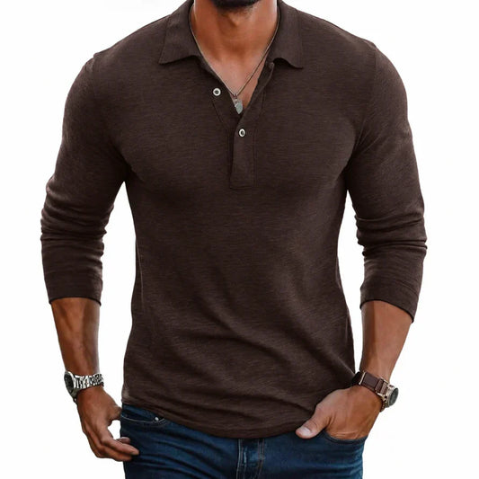 Men's Slim Fit Long Sleeve Polo Shirt Button Placket Casual Everyday