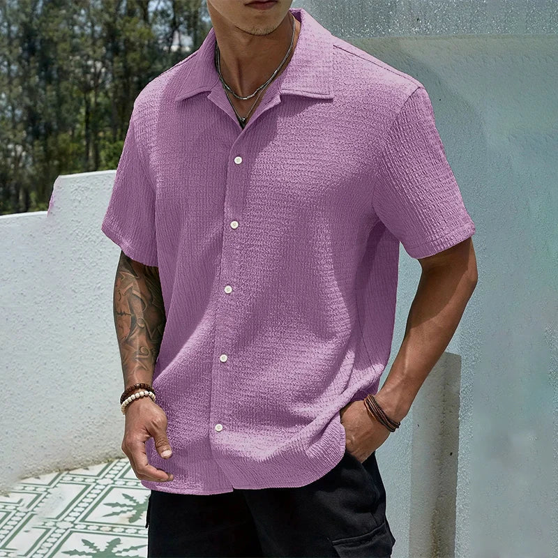 Men's Textured Shirt Cuban Collar Short-Sleeve Button Placket Casual Holiday Beach Smart-Casual Everyday Emerson
