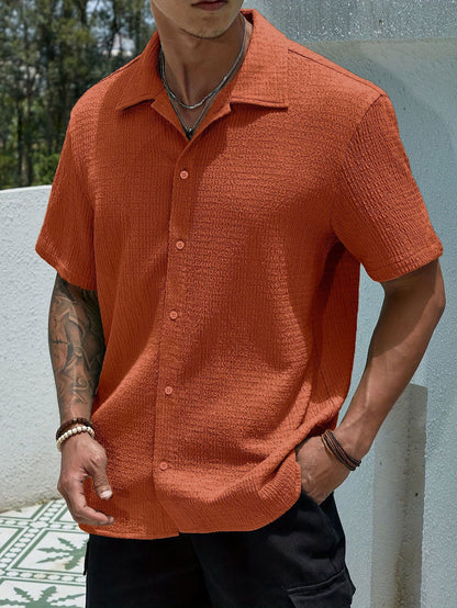Men's Textured Shirt Cuban Collar Short-Sleeve Button Placket Casual Holiday Beach Smart-Casual Everyday Emerson