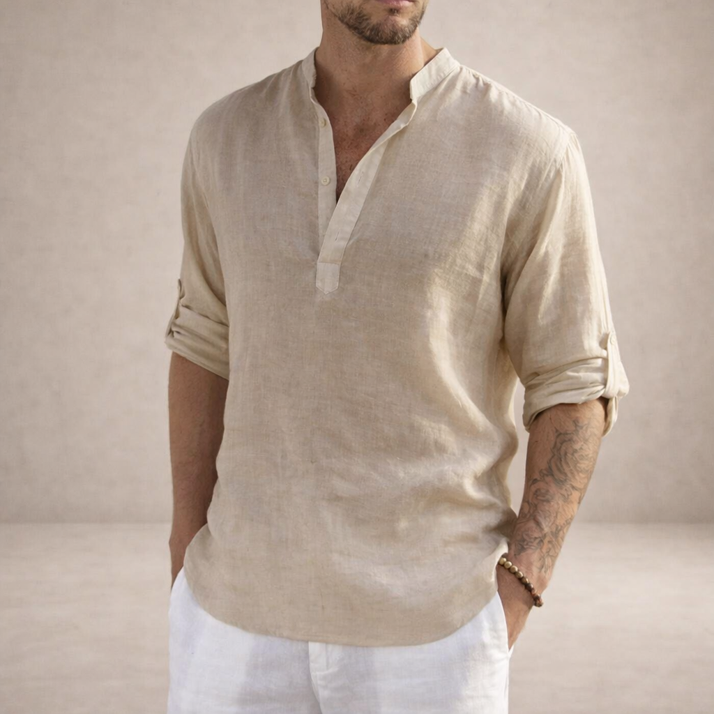 Men's Long-Sleeve Shirt Stand-Up Collar Button-Up Casual Smart-Casual Office Everyday Relaxed Fit Versatile Colton