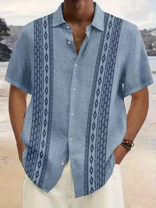 Men's Geometric Print Camp Shirt Short-Sleeve Button-Up Cuban Collar Casual Holiday Beach Everyday Zephyr