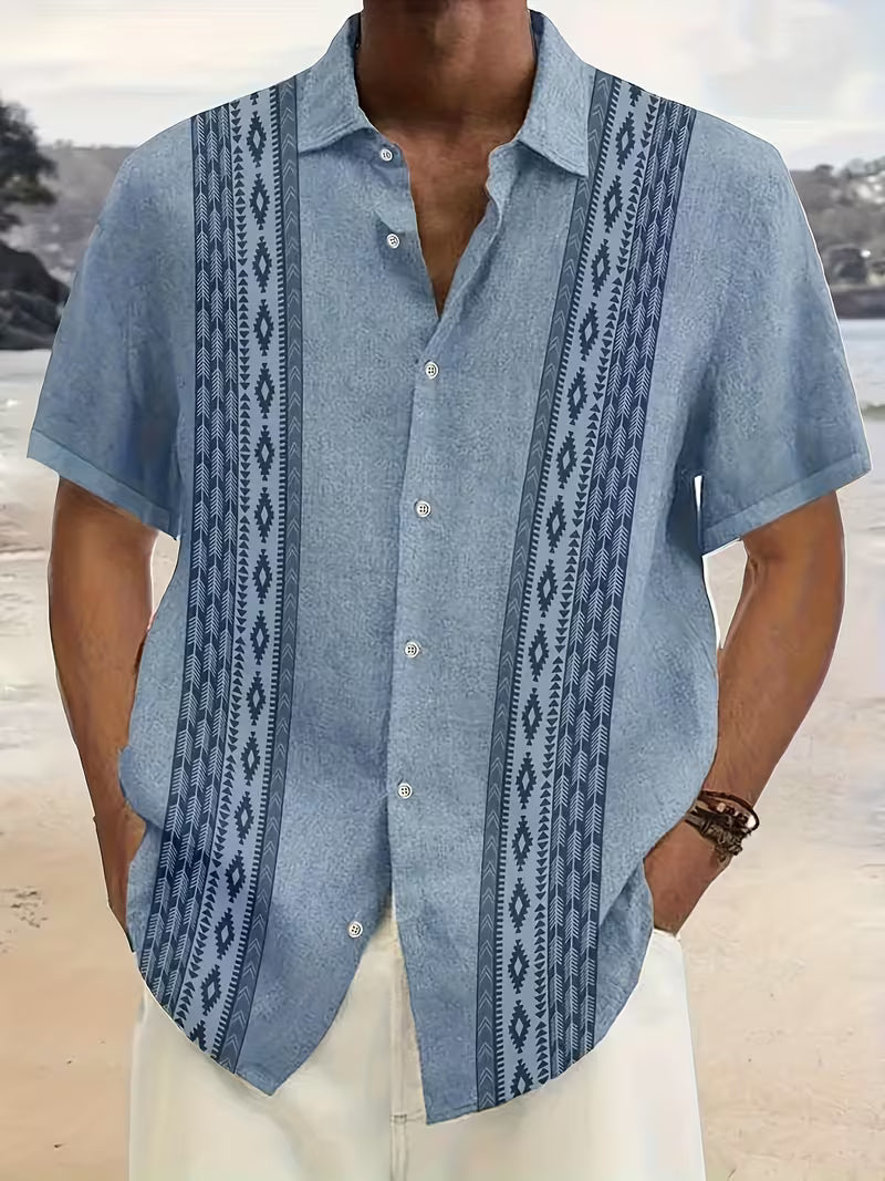 Men's Geometric Print Camp Shirt Short-Sleeve Button-Up Cuban Collar Casual Holiday Beach Everyday Zephyr