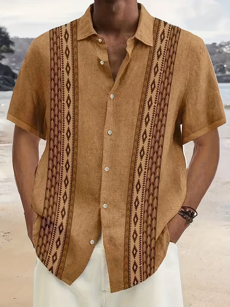 Men's Geometric Print Camp Shirt Short-Sleeve Button-Up Cuban Collar Casual Holiday Beach Everyday Zephyr
