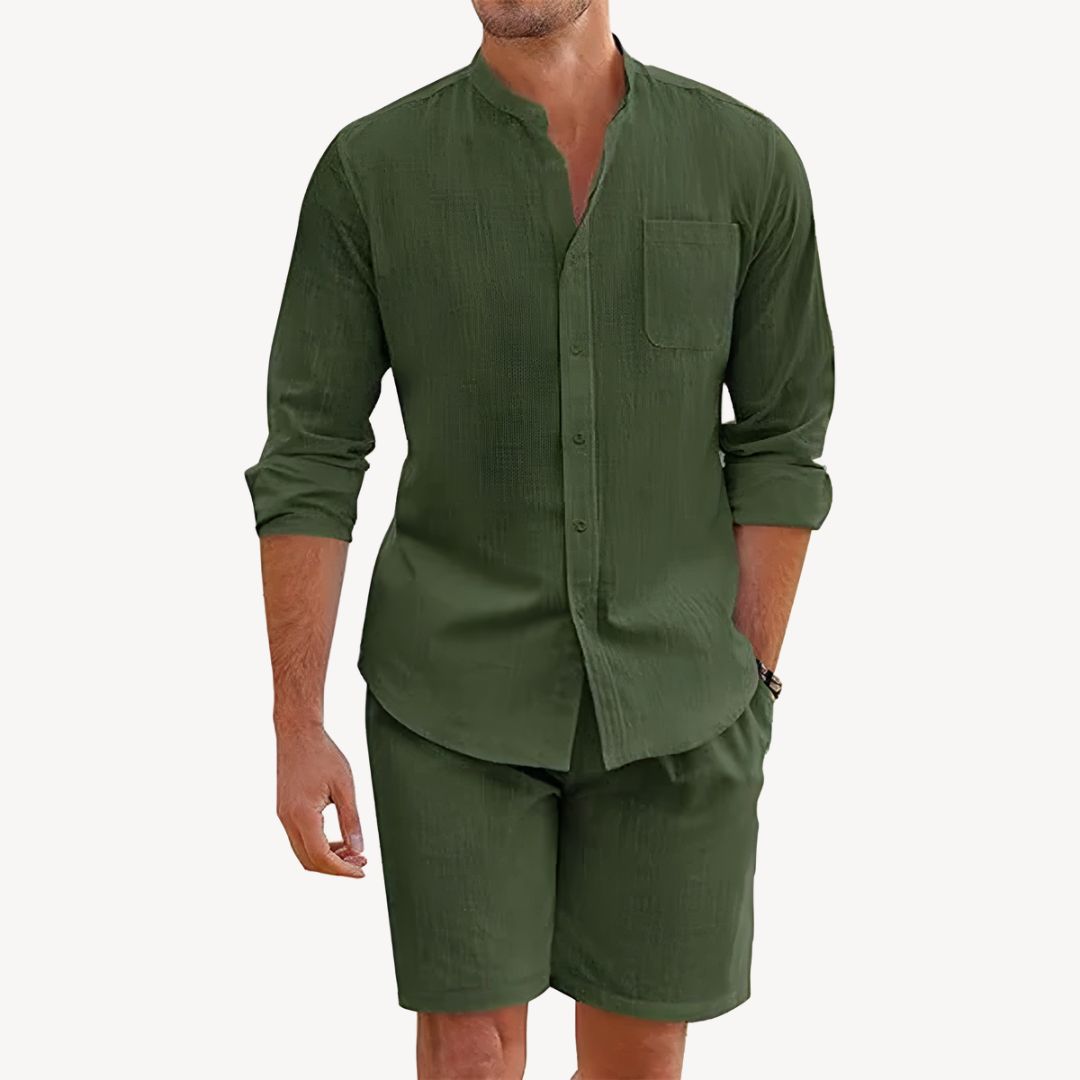 Men's Shirt & Shorts Set Two-Piece Long-Sleeve Matching Casual Holiday Everyday Outfit Co-Ord Nathan