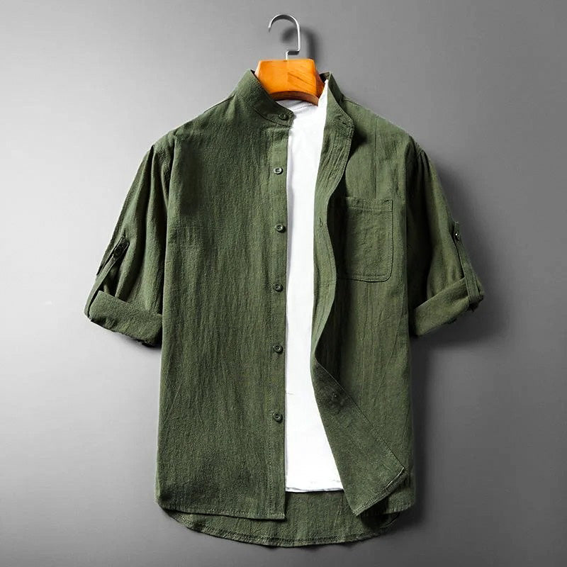 Men's Linen Shirt Short-Sleeve Roll-Sleeve Button-Up Collared Breathable Holiday Beach Casual Marcus