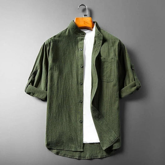 Men's Linen Shirt Short-Sleeve Roll-Sleeve Button-Up Collared Breathable Holiday Beach Casual Marcus