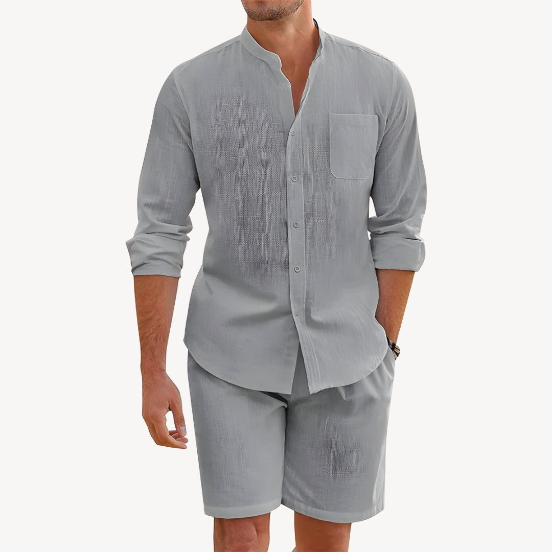 Men's Shirt & Shorts Set Two-Piece Long-Sleeve Matching Casual Holiday Everyday Outfit Co-Ord Nathan
