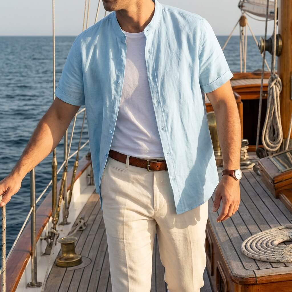 Men's Short-Sleeve Shirt Stand-Up Collar Button-Up Casual Holiday Beach Smart-Casual Everyday Relaxed Fit Callan