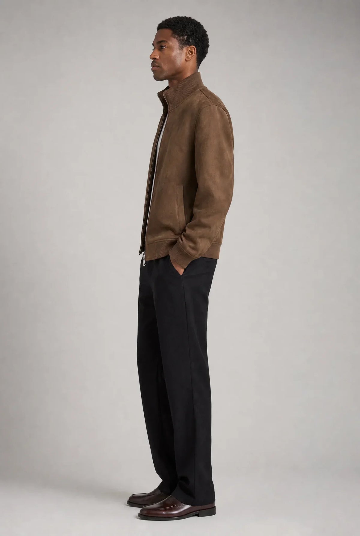 Men's Slim Fit Suede Jacket Stylish Casual Outerwear with Zipper Closure and Pocket Details
