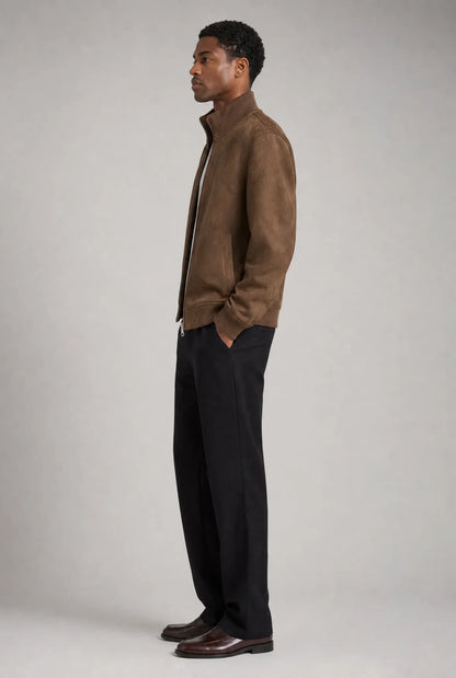 Men's Slim Fit Suede Jacket Stylish Casual Outerwear with Zipper Closure and Pocket Details