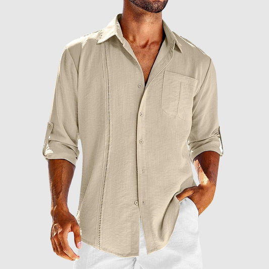 Men's Linen Shirt Long-Sleeve Button-Up Collared Breathable Summer Holiday Beach Casual Relaxed Zane