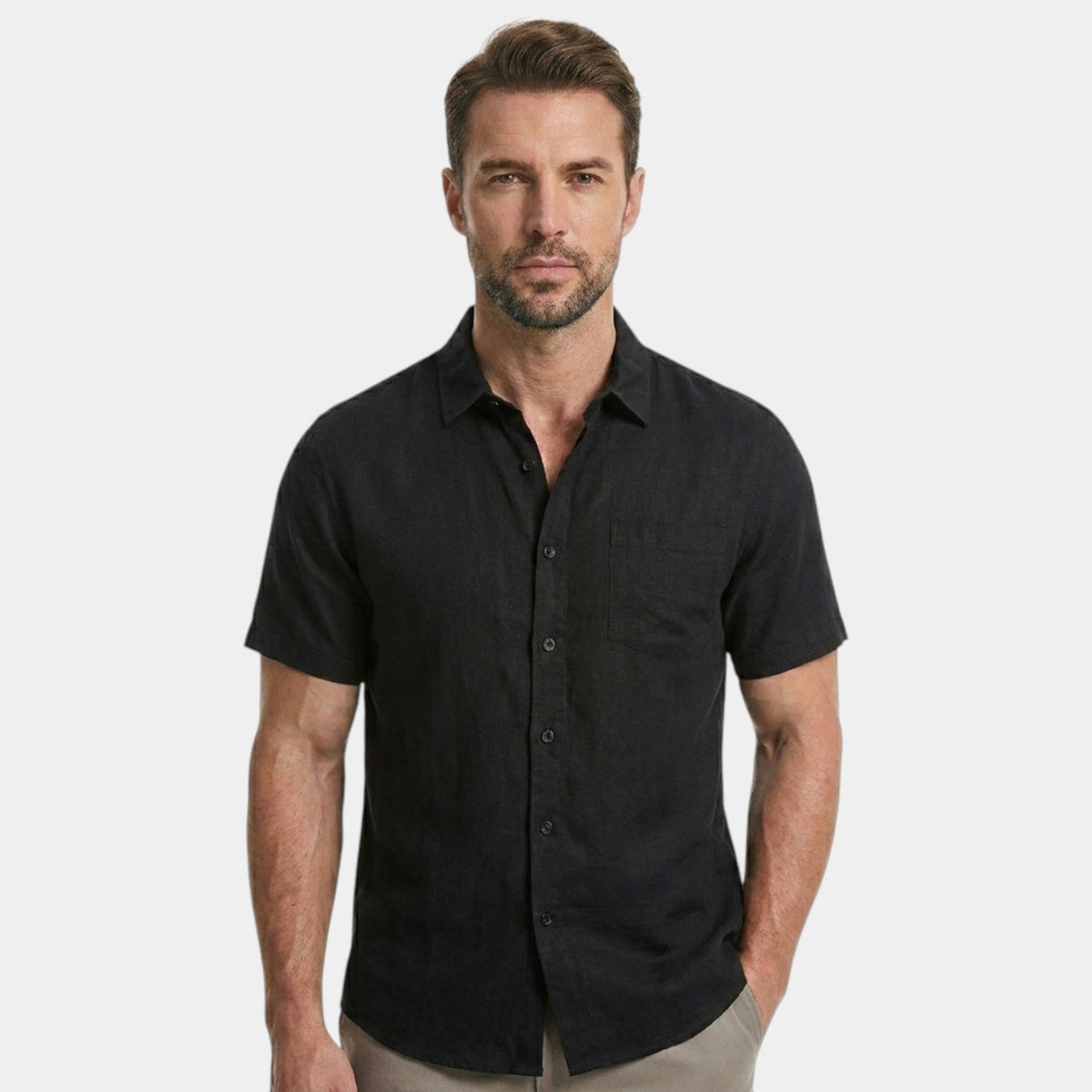 Men's Cotton Shirt Short-Sleeve Solid Button-Up Collared Casual Holiday Beach Smart-Casual Everyday Franklin