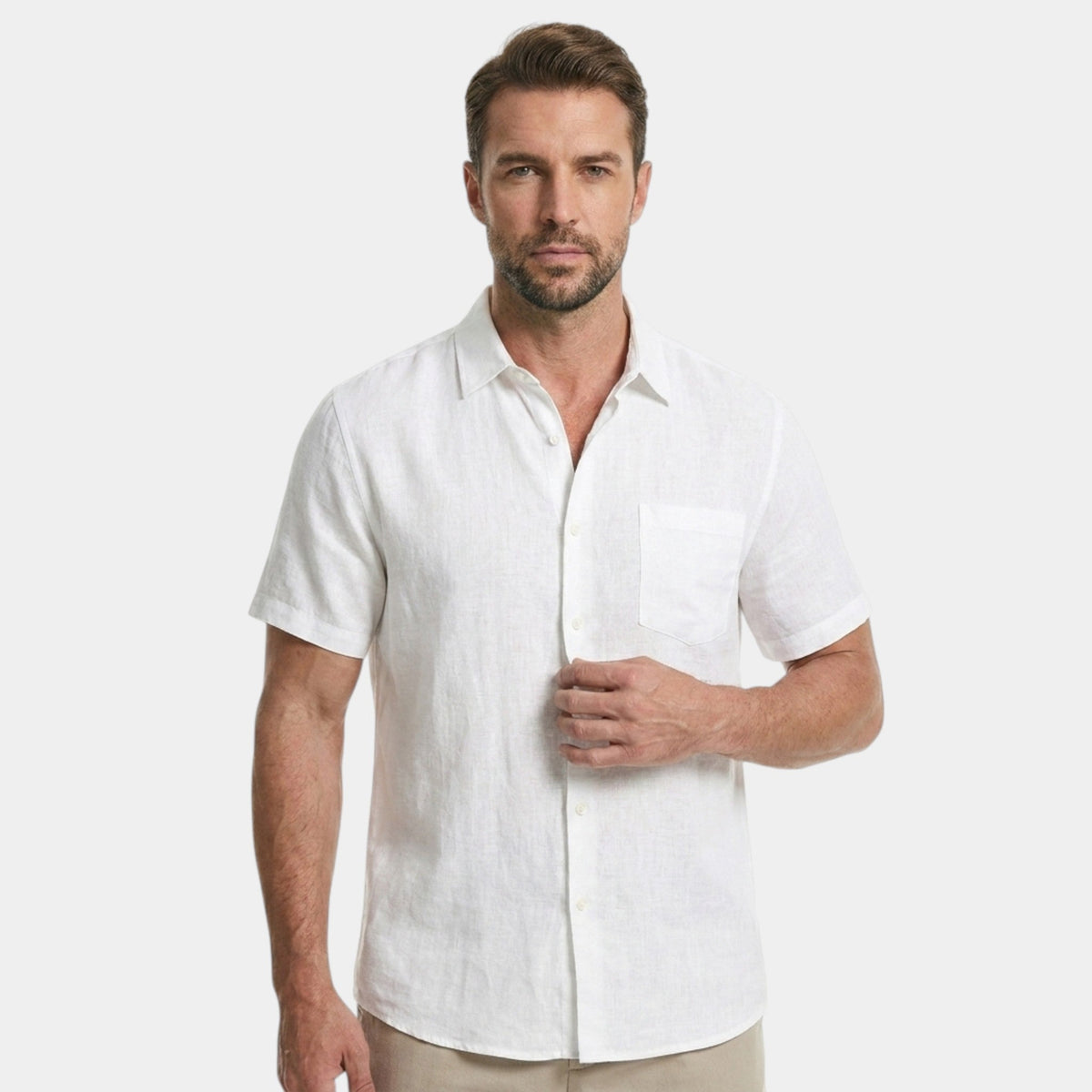 Men's Cotton Shirt Short-Sleeve Solid Button-Up Collared Casual Holiday Beach Smart-Casual Everyday Franklin