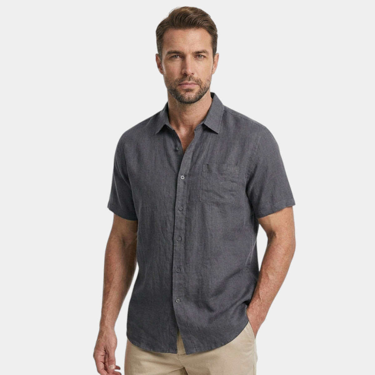 Men's Cotton Shirt Short-Sleeve Solid Button-Up Collared Casual Holiday Beach Smart-Casual Everyday Franklin