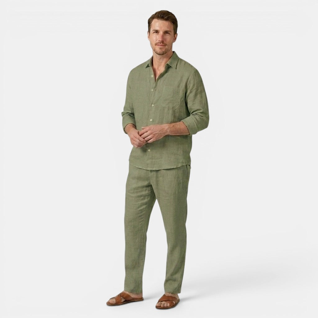 Men's Linen Shirt & Trousers Set Two-Piece Long-Sleeve Matching Breathable Holiday Beach Casual Outfit Silas