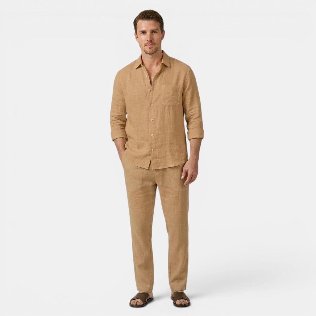 Men's Linen Shirt & Trousers Set Two-Piece Long-Sleeve Matching Breathable Holiday Beach Casual Outfit Silas
