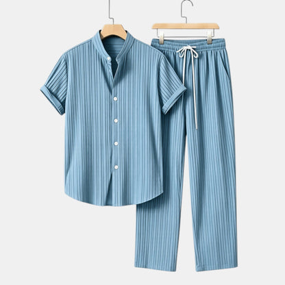 Men's Striped Shirt & Trousers Set Two-Piece Matching Collared Casual Smart-Casual Holiday Outfit Rhys