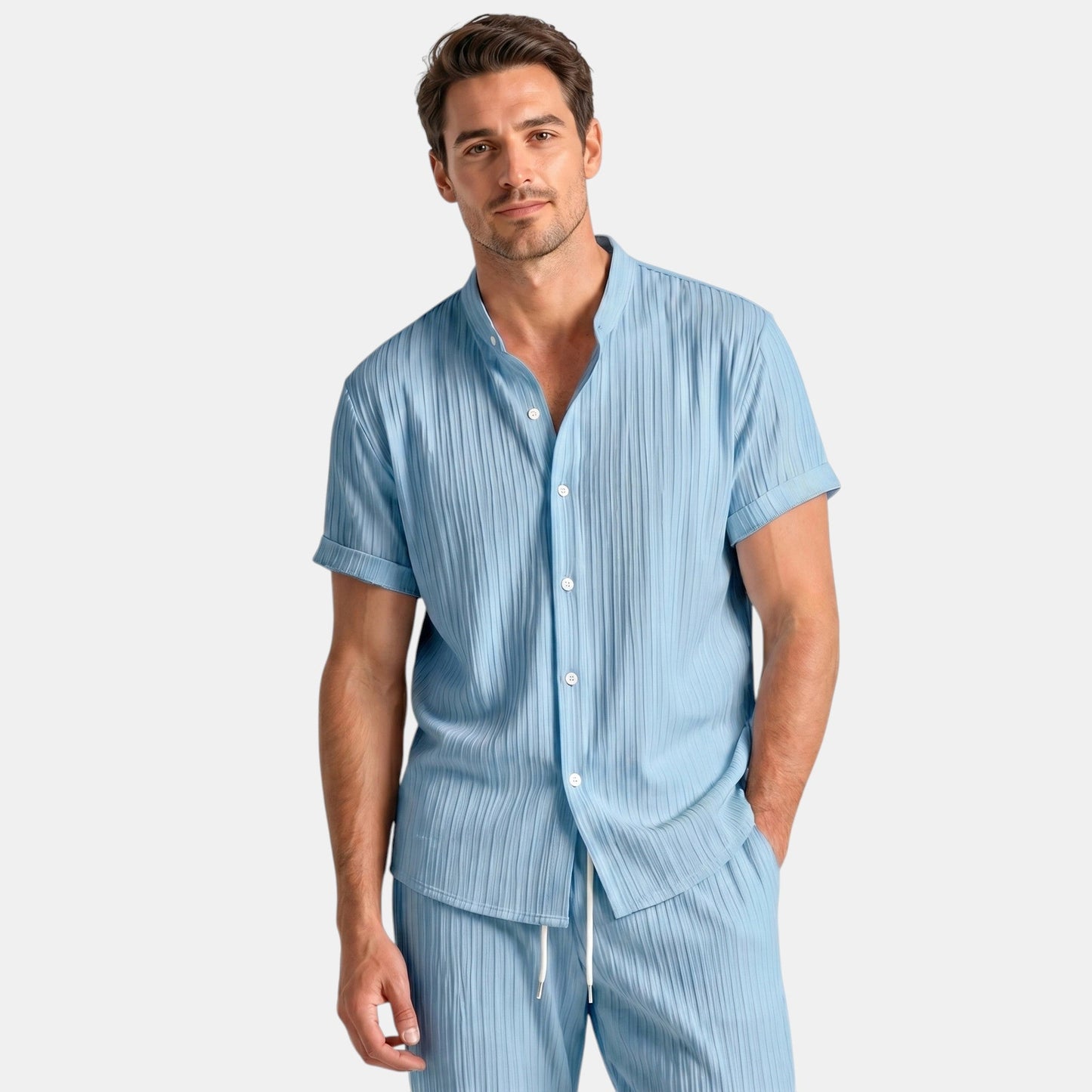 Men's Striped Shirt & Trousers Set Two-Piece Matching Collared Casual Smart-Casual Holiday Outfit Rhys