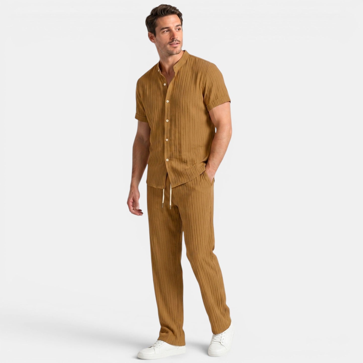 Men's Striped Shirt & Trousers Set Two-Piece Matching Collared Casual Smart-Casual Holiday Outfit Rhys