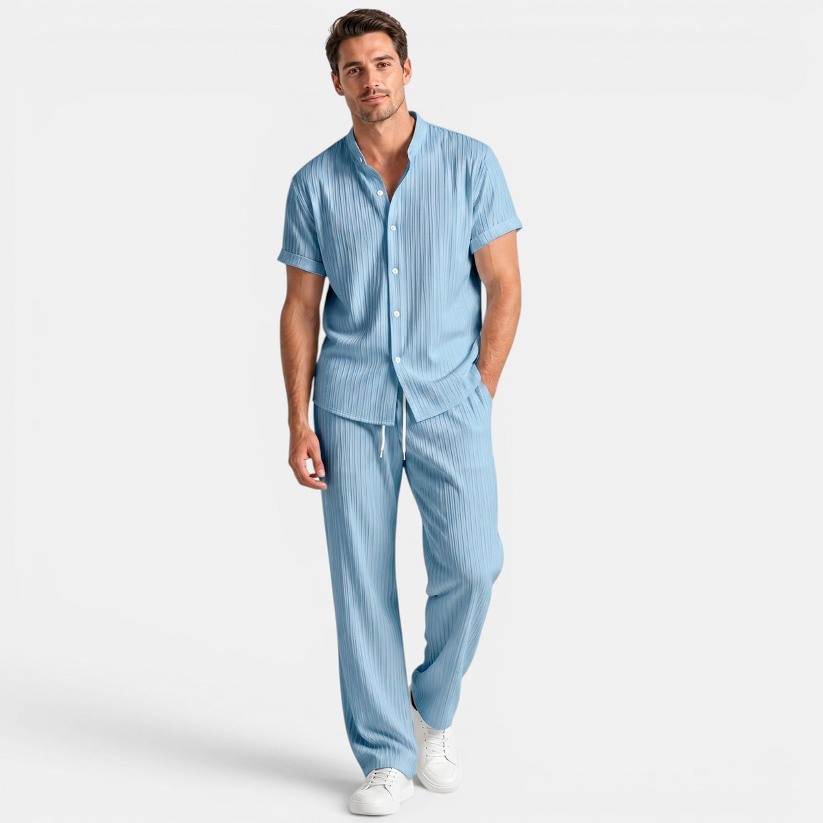 Men's Striped Shirt & Trousers Set Two-Piece Matching Collared Casual Smart-Casual Holiday Outfit Rhys