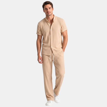 Men's Striped Shirt & Trousers Set Two-Piece Matching Collared Casual Smart-Casual Holiday Outfit Rhys