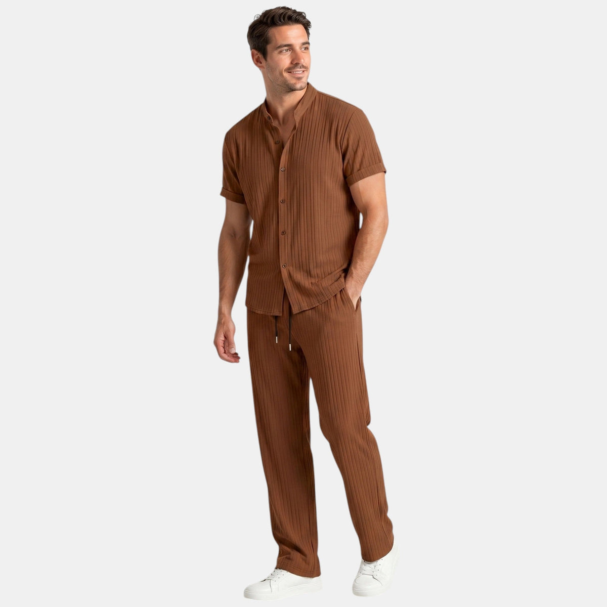 Men's Striped Shirt & Trousers Set Two-Piece Matching Collared Casual Smart-Casual Holiday Outfit Rhys