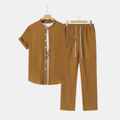 Men's Striped Shirt & Trousers Set Two-Piece Matching Collared Casual Smart-Casual Holiday Outfit Rhys