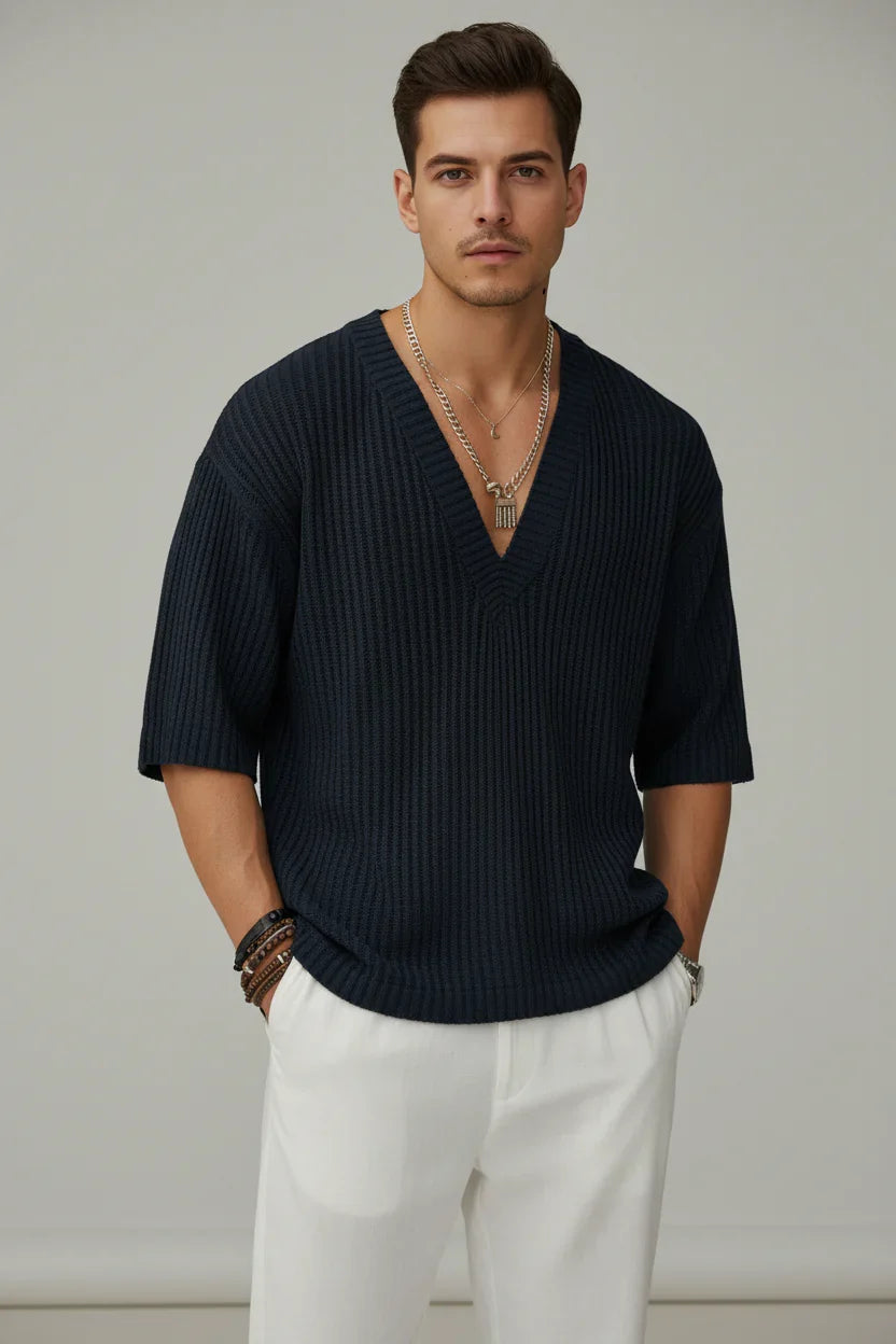Men's Deep V-Neck Shirt Half-Sleeve Button-Up Slim Fit Casual Holiday Beach Smart-Casual Everyday Relaxed Fitzgerald