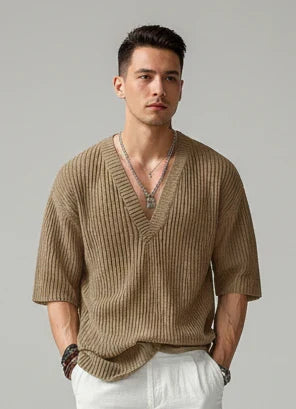 Men's Deep V-Neck Shirt Half-Sleeve Button-Up Slim Fit Casual Holiday Beach Smart-Casual Everyday Relaxed Fitzgerald