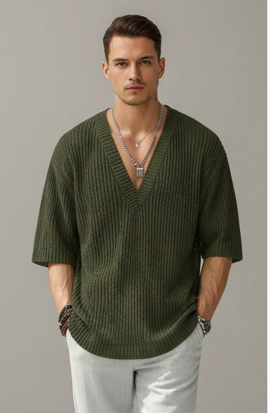 Men's Deep V-Neck Shirt Half-Sleeve Button-Up Slim Fit Casual Holiday Beach Smart-Casual Everyday Relaxed Fitzgerald