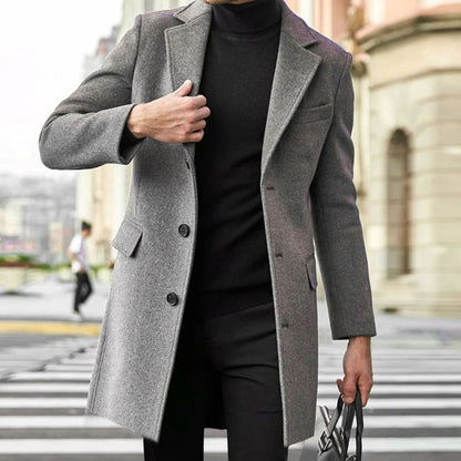 Men's Long Overcoat Single-Breasted Notch Lapel Classic Fit Stylish Outerwear