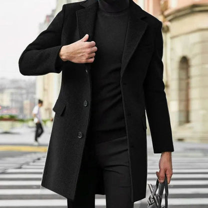 Men's Long Overcoat Single-Breasted Notch Lapel Classic Fit Stylish Outerwear