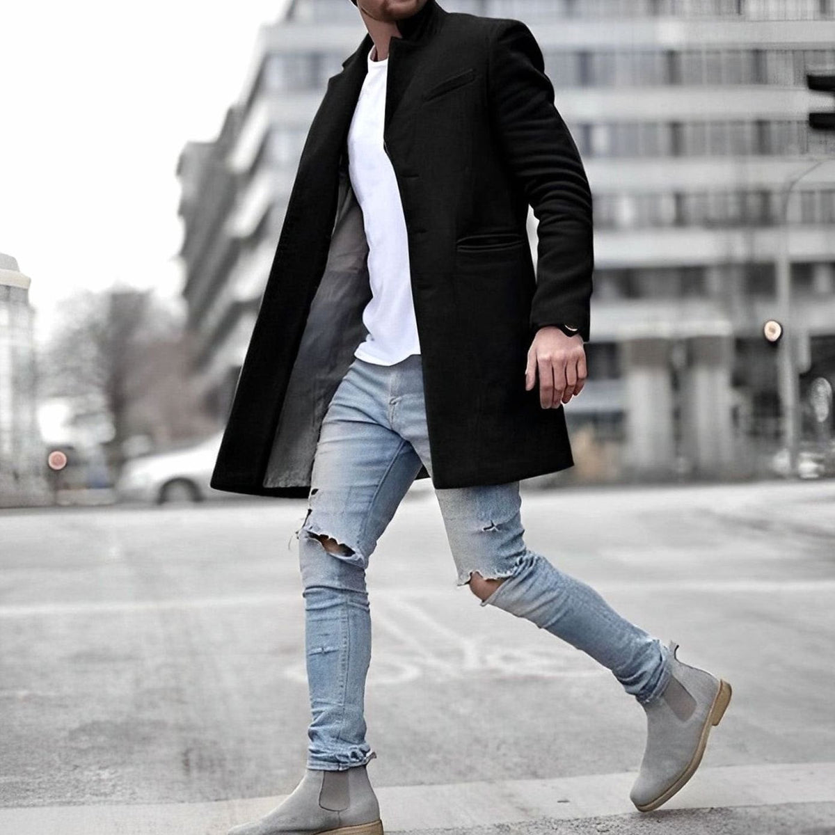 Men's Slim-Fit Mid-Length Overcoat Stand Collar Stylish Layering Outerwear