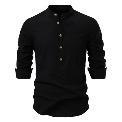 Men's Stand-Up Collar Shirt Long-Sleeve Button-Up Casual Smart-Casual Office Everyday Relaxed Fit Versatile Rennard