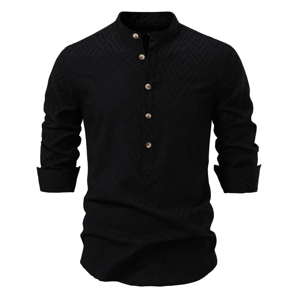 Men's Stand-Up Collar Shirt Long-Sleeve Button-Up Casual Smart-Casual Office Everyday Relaxed Fit Versatile Rennard