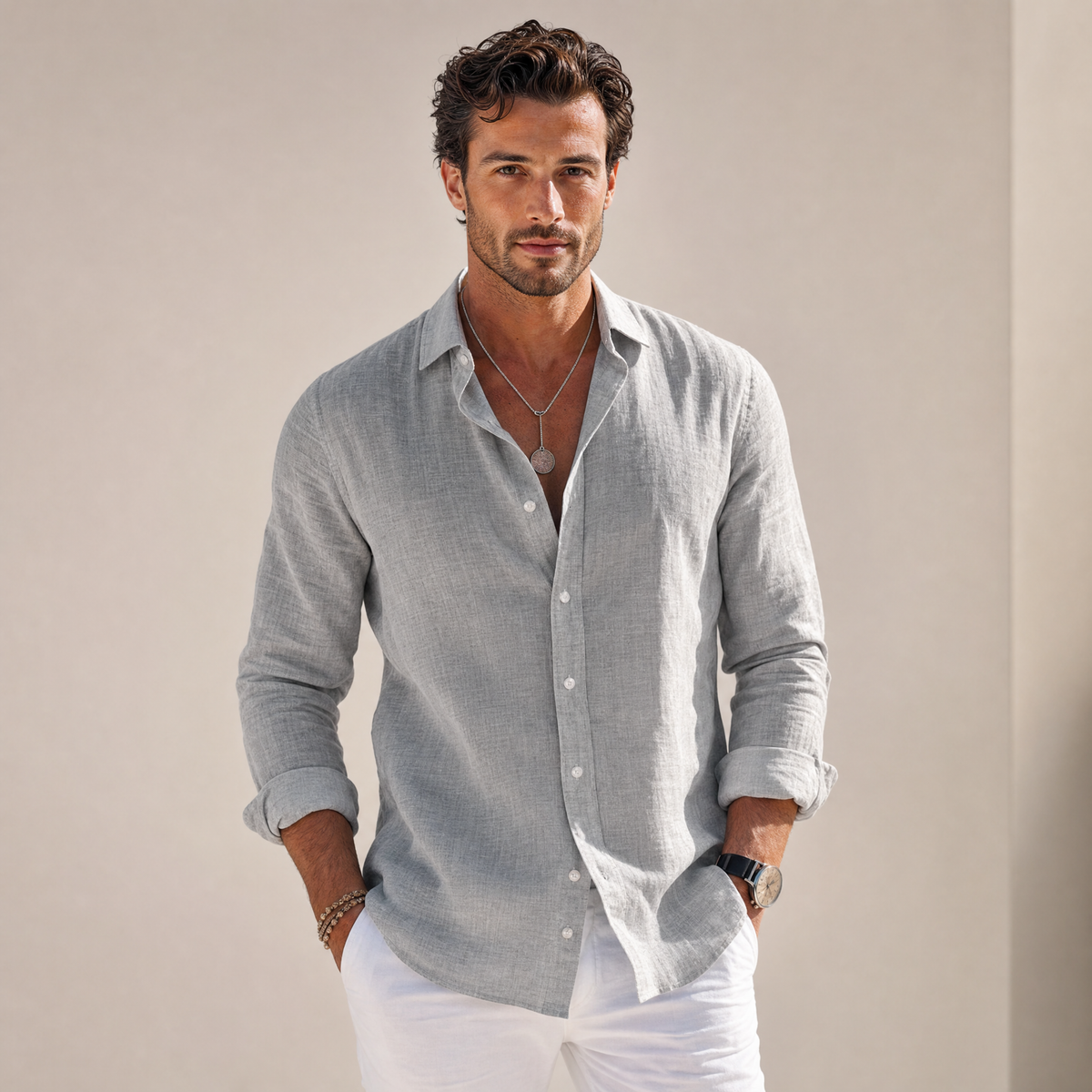 Men's Long-Sleeve Shirt Classic Collar Button-Front Casual Smart-Casual Office Everyday Relaxed Fit Halston