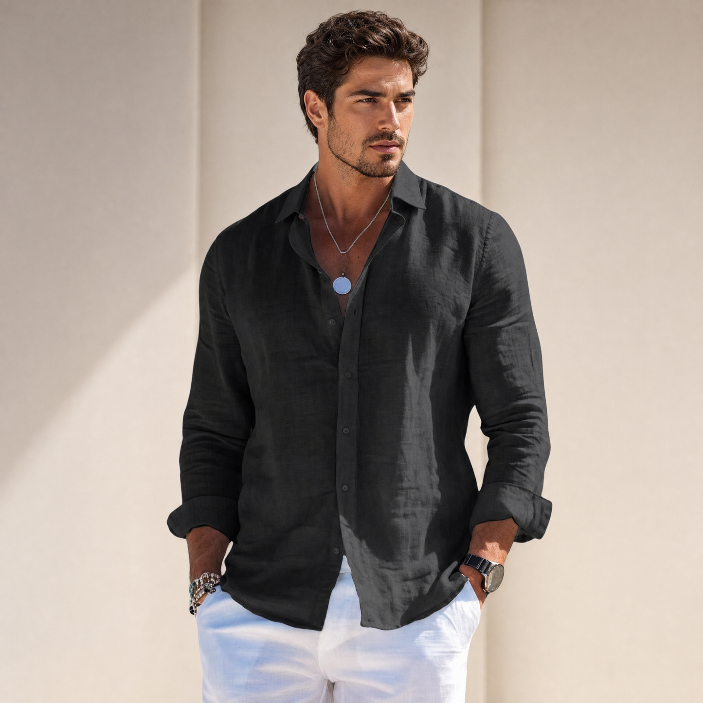Men's Long-Sleeve Shirt Classic Collar Button-Front Casual Smart-Casual Office Everyday Relaxed Fit Halston