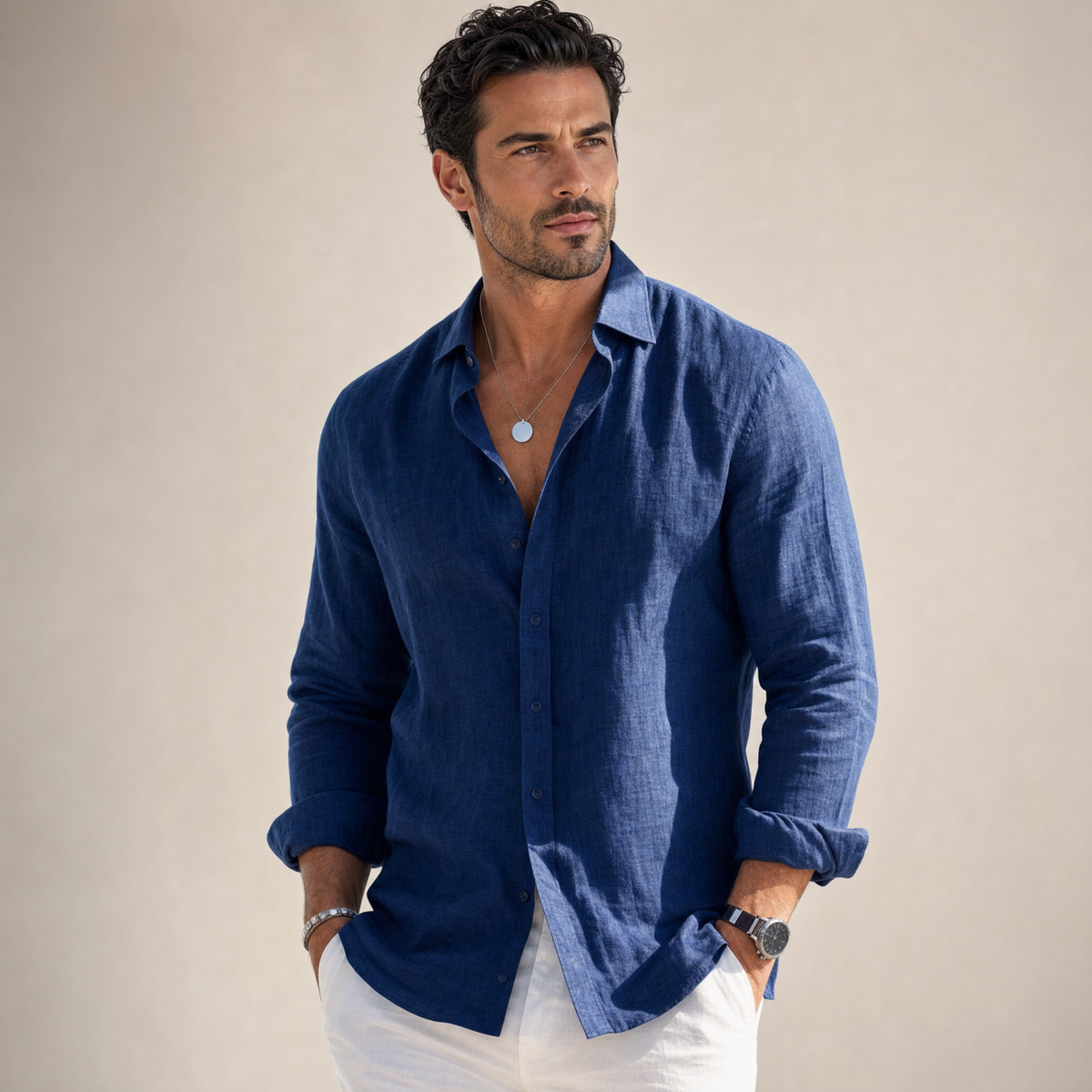 Men's Long-Sleeve Shirt Classic Collar Button-Front Casual Smart-Casual Office Everyday Relaxed Fit Halston
