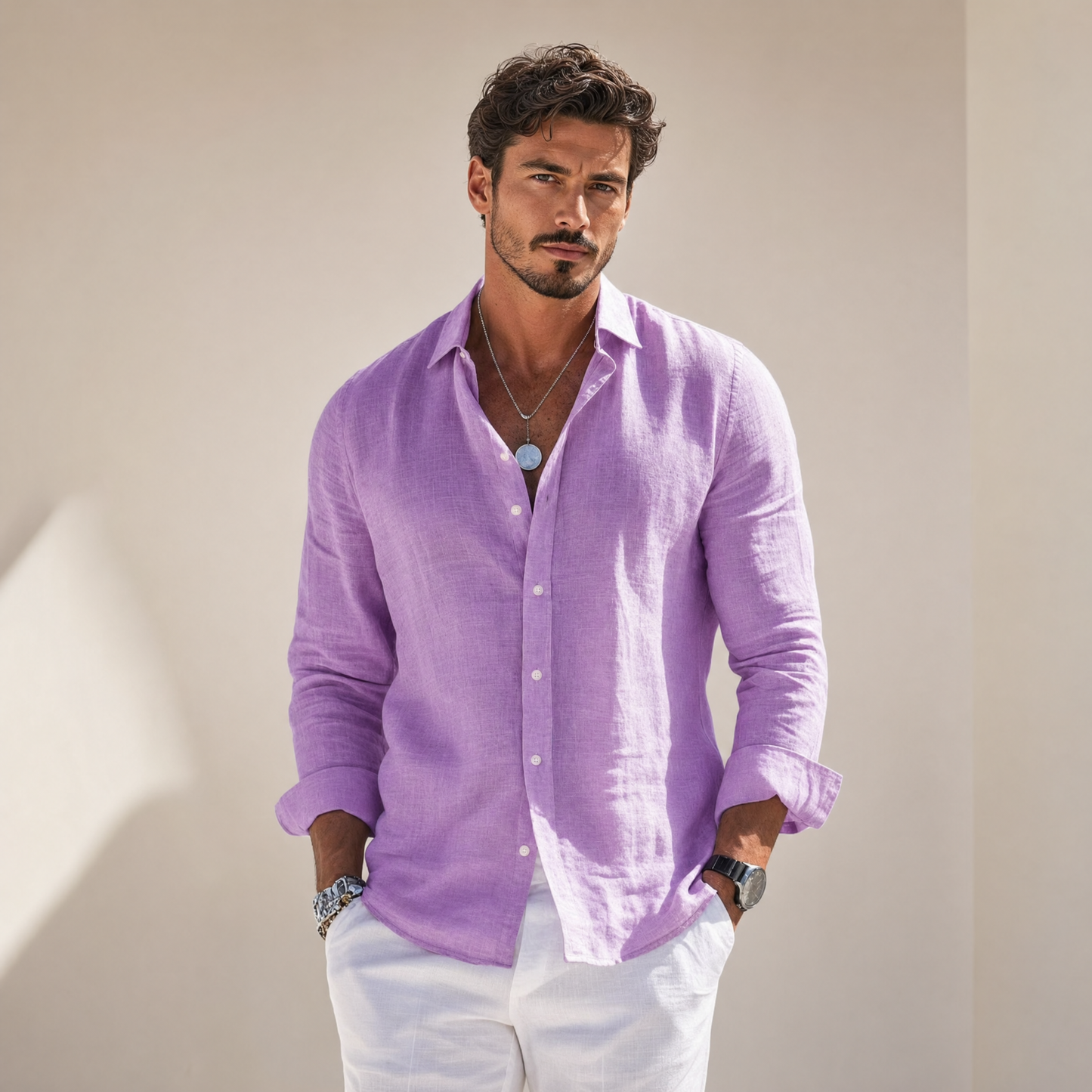 Men's Long-Sleeve Shirt Classic Collar Button-Front Casual Smart-Casual Office Everyday Relaxed Fit Halston