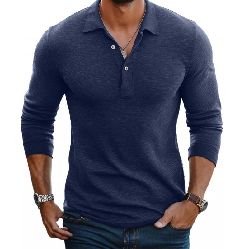 Men's Slim Fit Long Sleeve Polo Shirt Button Placket Casual Everyday