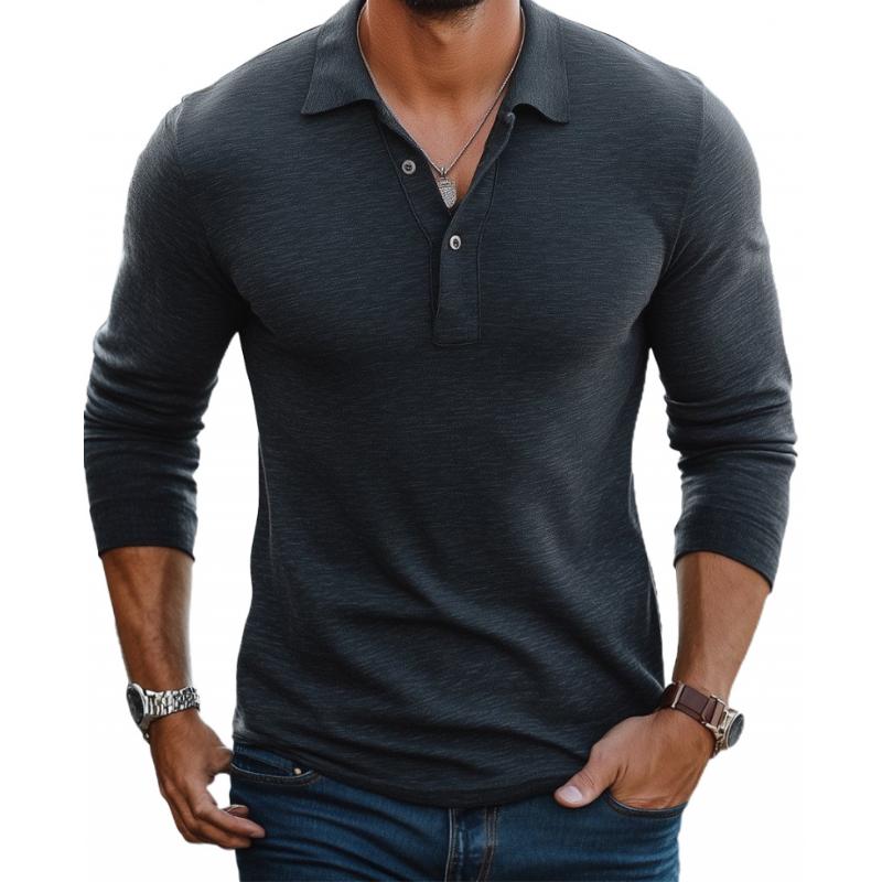 Men's Slim Fit Long Sleeve Polo Shirt Button Placket Casual Everyday