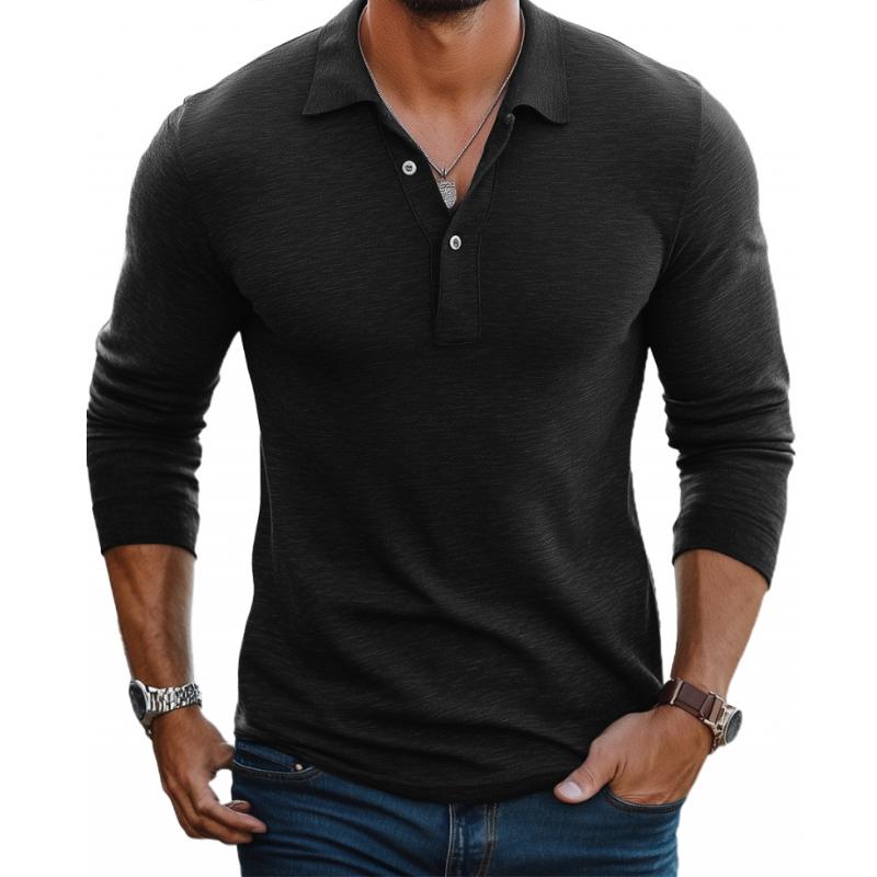 Men's Slim Fit Long Sleeve Polo Shirt Button Placket Casual Everyday