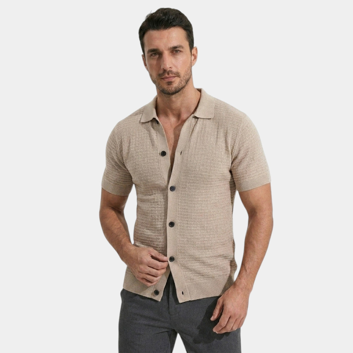Men's Knit Shirt Slim Fit Textured Button-Up Collared Casual Smart-Casual Everyday Relaxed Layering Bruno