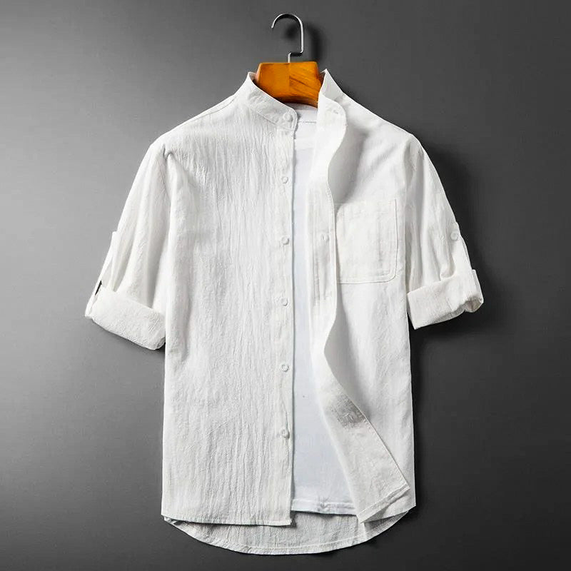 Men's Linen Shirt Short-Sleeve Roll-Sleeve Button-Up Collared Breathable Holiday Beach Casual Marcus