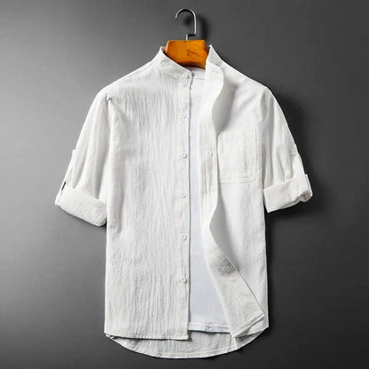 Men's Linen Shirt Short-Sleeve Roll-Sleeve Button-Up Collared Breathable Holiday Beach Casual Marcus